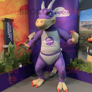 Purple Parasaurolophus mascot costume character dressed with a Joggers and Belts