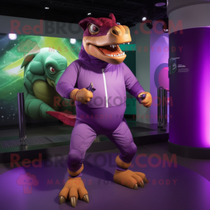 Purple Parasaurolophus mascot costume character dressed with a Joggers and Belts