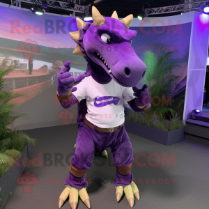 Purple Parasaurolophus mascot costume character dressed with a Joggers and Belts