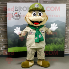 Cream Green Beret mascot costume character dressed with a Button-Up Shirt and Scarf clips