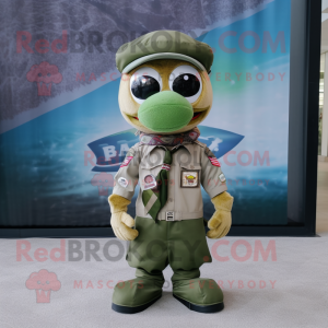 Cream Green Beret mascot costume character dressed with a Button-Up Shirt and Scarf clips
