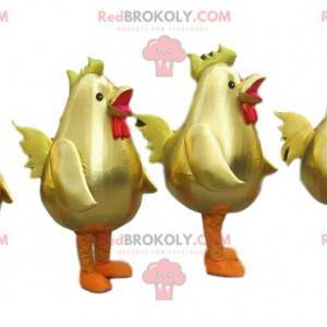 4 mascottes de coqs dorés, costumes de grandes poules dorées -