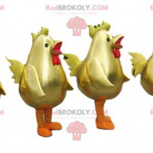 4 maskoter av gyldne hane, kostymer av store gyldne høner -