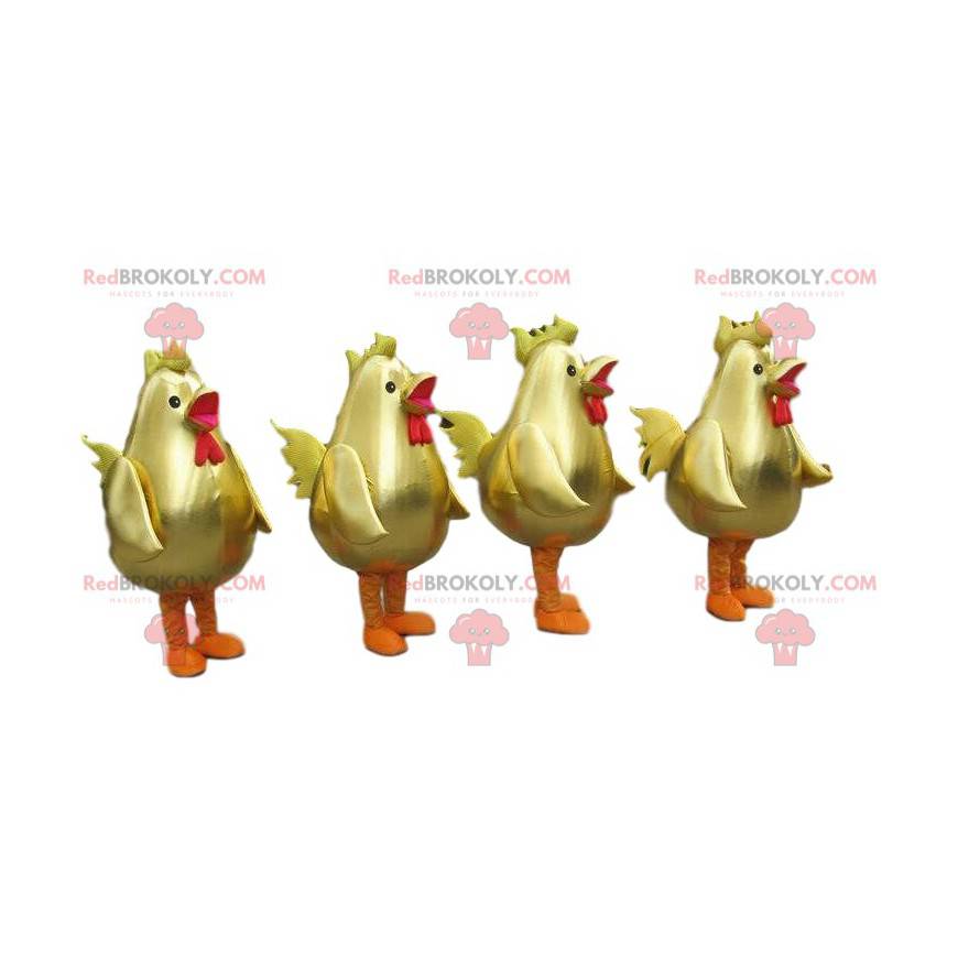 4 mascottes de coqs dorés, costumes de grandes poules dorées -