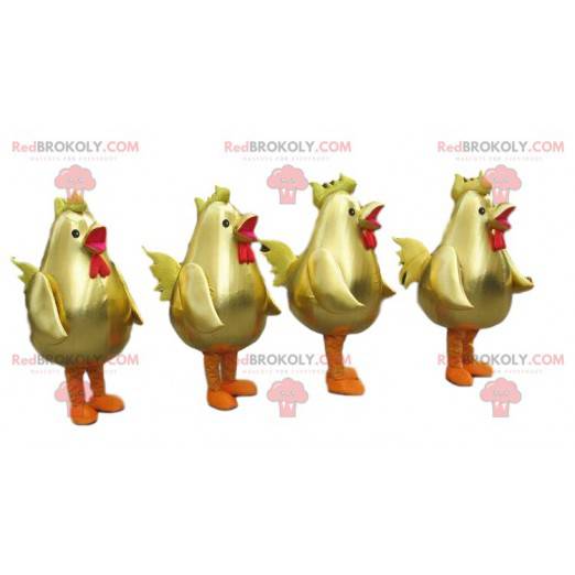 4 mascottes de coqs dorés, costumes de grandes poules dorées -