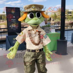 Cream Green Beret mascot costume character dressed with a Button-Up Shirt and Scarf clips