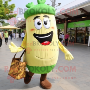 Olive French Fries mascot costume character dressed with a Dress Pants and Messenger bags