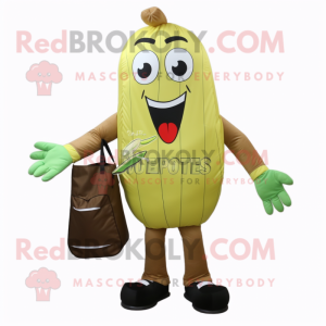 Olive French Fries mascot costume character dressed with a Dress Pants and Messenger bags