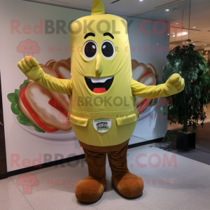 Olive French Fries mascot costume character dressed with a Dress Pants and Messenger bags