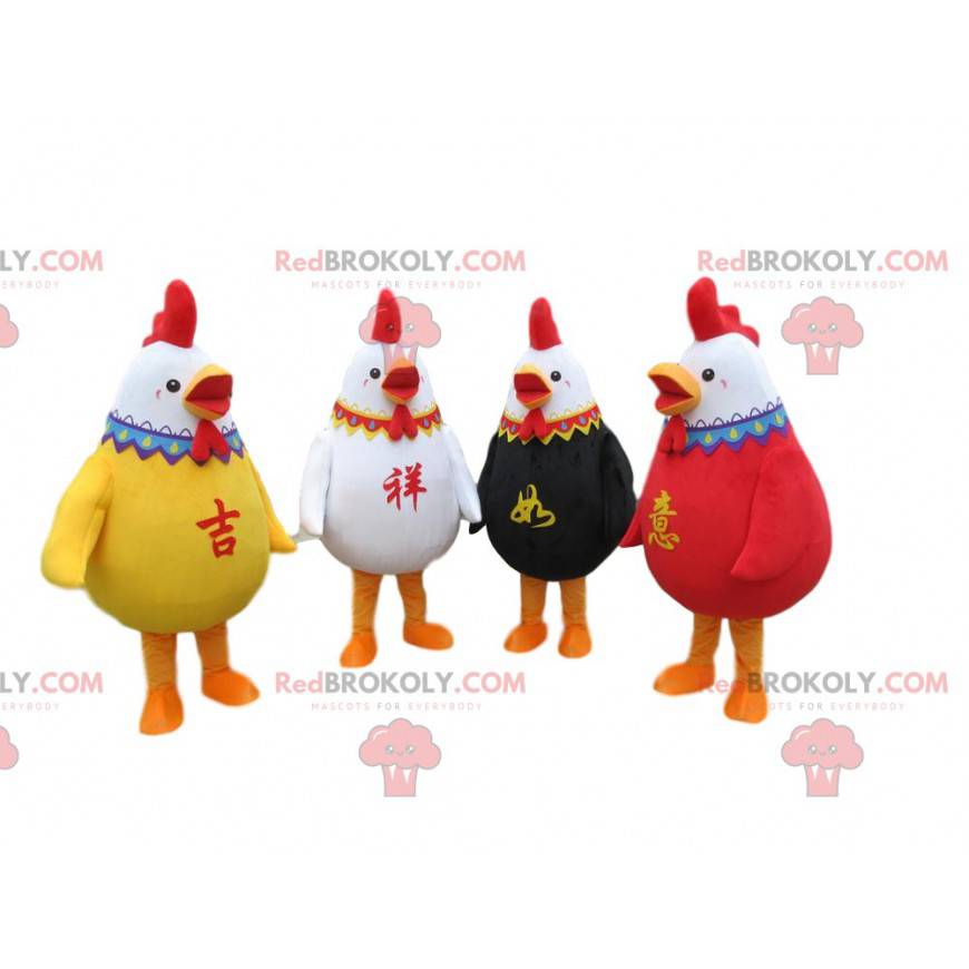 4 mascotes de galos coloridos, 4 fantasias de frango coloridas