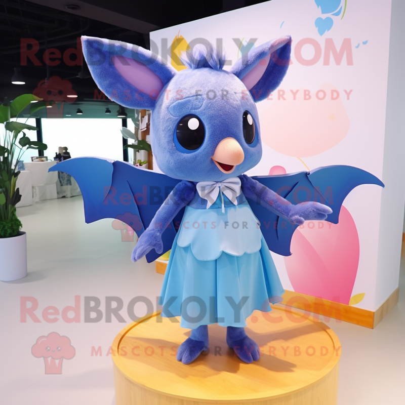Blue Fruit Bat mascot costume character dressed with a A-Line Skirt and Hairpins Blue Fruit Bat mascot costume character dressed with a A-Line Skirt and Hairpins