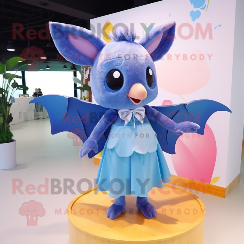 Blue Fruit Bat mascot costume character dressed with a A-Line Skirt and Hairpins