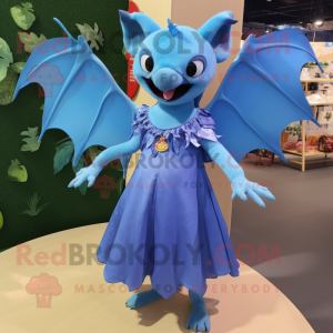 Blue Fruit Bat mascot costume character dressed with a A-Line Skirt and Hairpins