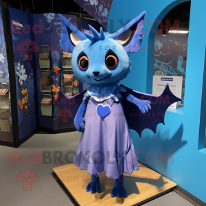 Blue Fruit Bat mascot costume character dressed with a A-Line Skirt and Hairpins