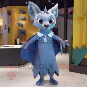 Blue Fruit Bat mascot costume character dressed with a A-Line Skirt and Hairpins