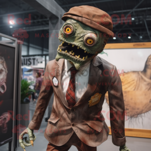 Rust Zombie mascot costume character dressed with a Suit Jacket and Suspenders