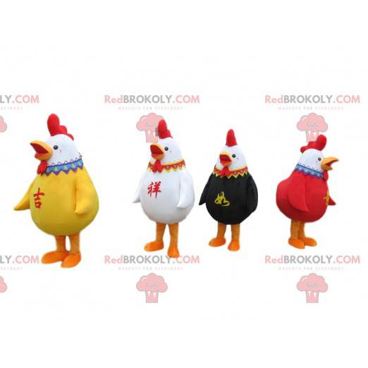 4 kolorowe maskotki koguty, 4 kolorowe kostiumy kurczaka -
