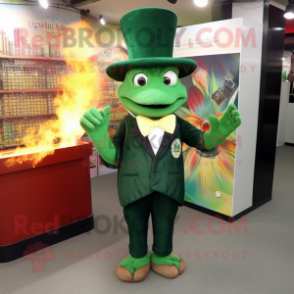 Forest Green Fire Eater mascot costume character dressed with a Cocktail Dress and Hat pins