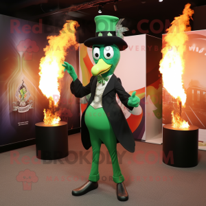 Forest Green Fire Eater mascot costume character dressed with a Cocktail Dress and Hat pins