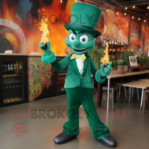 Forest Green Fire Eater mascot costume character dressed with a Cocktail Dress and Hat pins