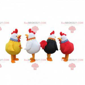 4 kolorowe maskotki koguty, 4 kolorowe kostiumy kurczaka -