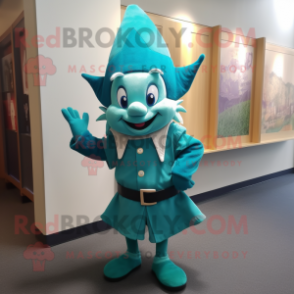 Teal Elf mascot costume character dressed with a Shorts and Cummerbunds