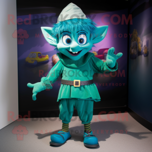 Teal Elf mascot costume character dressed with a Shorts and Cummerbunds