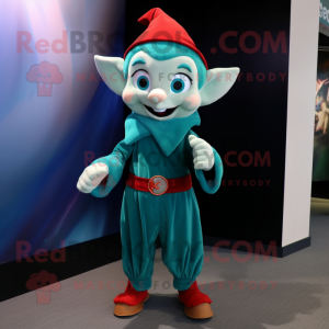 Teal Elf mascot costume character dressed with a Shorts and Cummerbunds