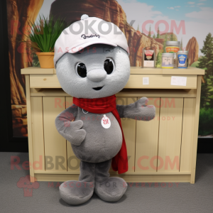 Gray Cherry mascot costume character dressed with a Henley Tee and Scarves