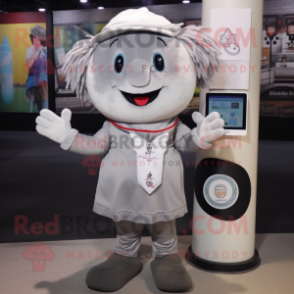 Gray Cherry mascot costume character dressed with a Henley Tee and Scarves