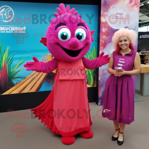 Magenta Fish And Chips mascot costume character dressed with a Maxi Dress and Headbands