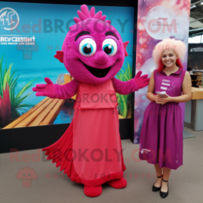 Magenta Fish And Chips mascot costume character dressed with a Maxi Dress and Headbands