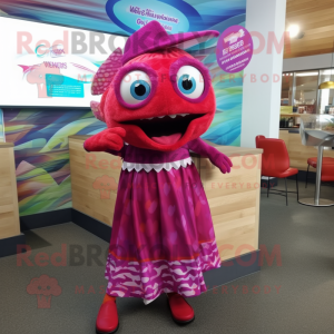 Magenta Fish And Chips mascot costume character dressed with a Maxi Dress and Headbands