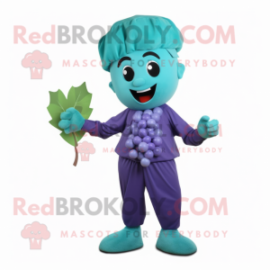 Teal Grape mascot costume character dressed with a Capri Pants and Caps