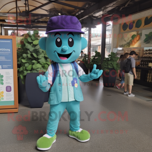 Teal Grape mascot costume character dressed with a Capri Pants and Caps