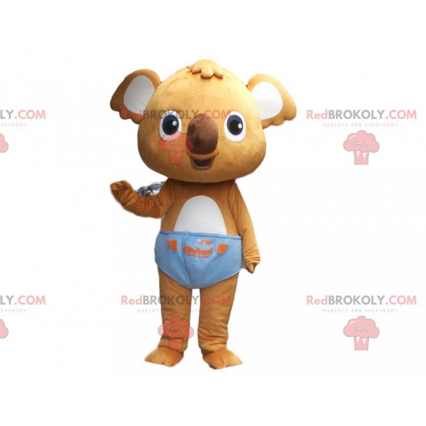 Brown koala mascot with blue briefs, baby koala costume -