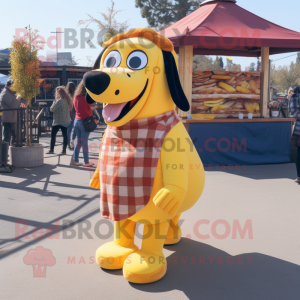 Yellow Hot Dog mascot costume character dressed with a Flannel Shirt and Necklaces