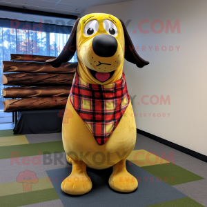 Yellow Hot Dog mascot costume character dressed with a Flannel Shirt and Necklaces