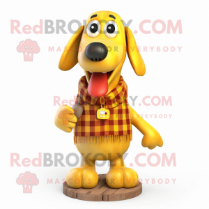 Yellow Hot Dog mascot costume character dressed with a Flannel Shirt and Necklaces