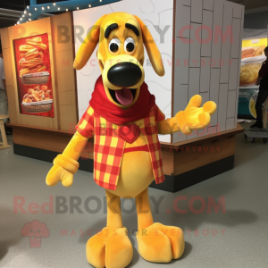 Yellow Hot Dog mascot costume character dressed with a Flannel Shirt and Necklaces