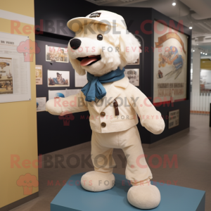 Cream Dog mascot costume character dressed with a Chinos and Shawl pins