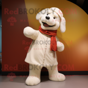 Cream Dog mascot costume character dressed with a Chinos and Shawl pins