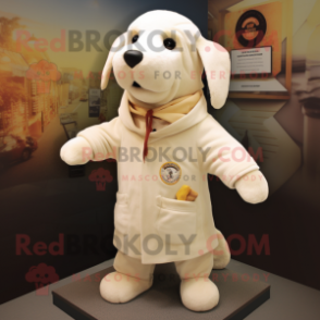 Cream Dog mascot costume character dressed with a Chinos and Shawl pins