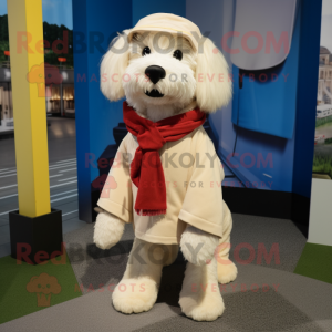 Cream Dog mascot costume character dressed with a Chinos and Shawl pins