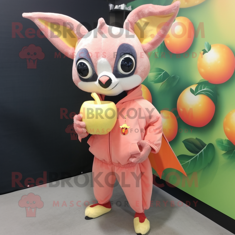 Peach Fruit Bat mascot costume character dressed with a Sweatshirt and Cummerbunds