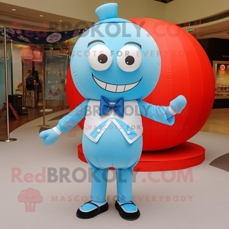 Sky Blue Human Cannon Ball mascot costume character dressed with a T-Shirt and Bow ties