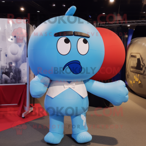 Sky Blue Human Cannon Ball mascot costume character dressed with a T-Shirt and Bow ties