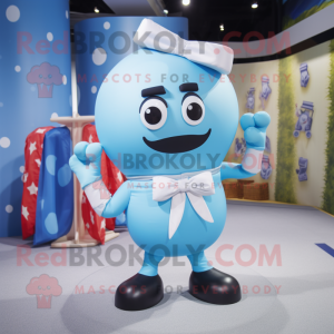 Sky Blue Human Cannon Ball mascot costume character dressed with a T-Shirt and Bow ties