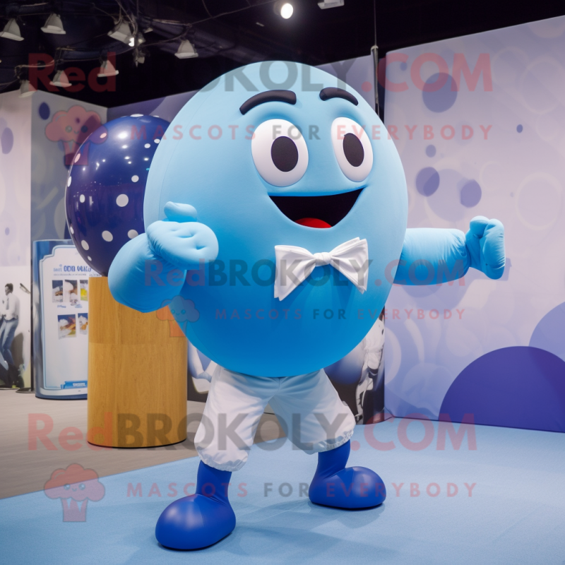 Sky Blue Human Cannon Ball mascot costume character dressed with a T-Shirt and Bow ties