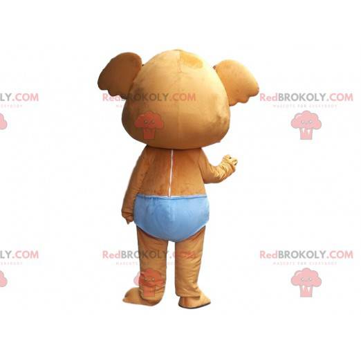 Mascote coala marrom com cueca azul, fantasia de coala bebê -